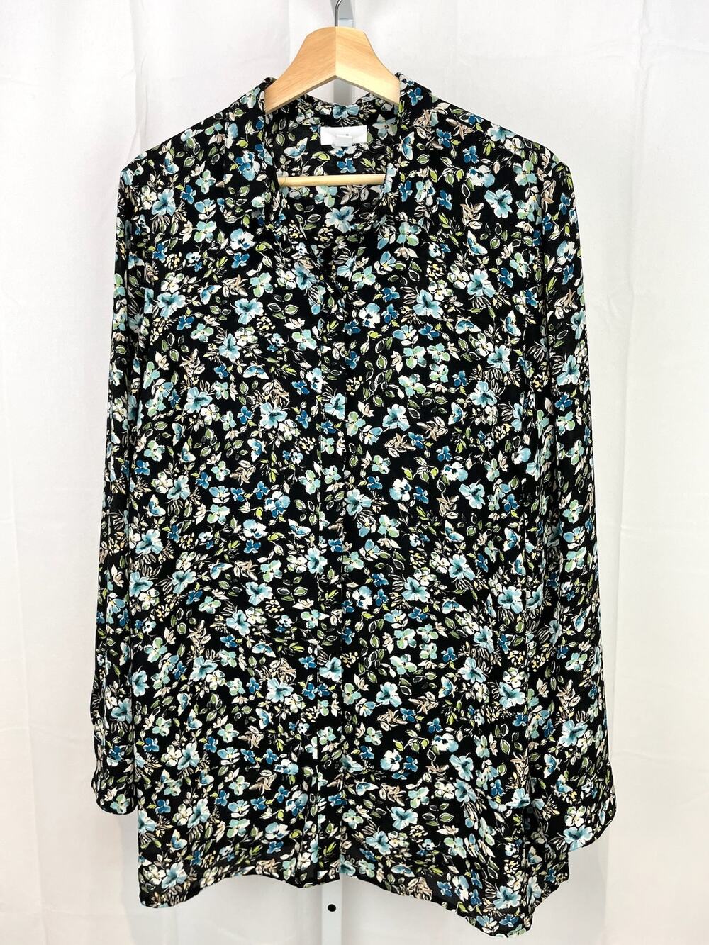 J. JILL Size L Floral Tunic Top Tiered Hem Button Up Long Sleeve Black Multi